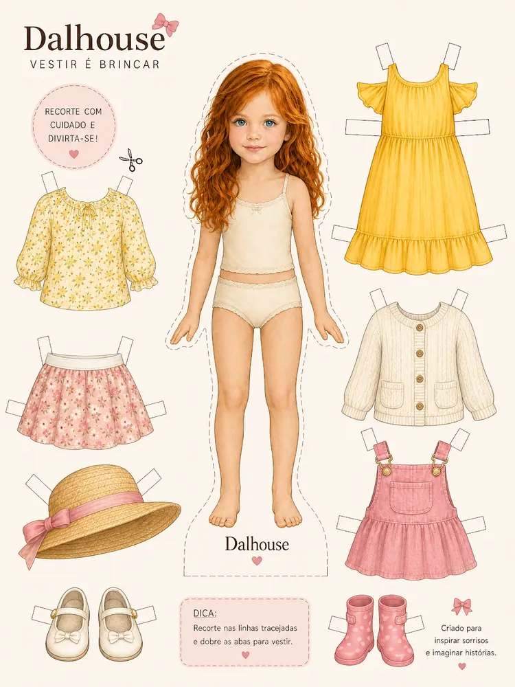 Amostra do kit Realistas: boneca ruiva com roupinhas, chapéu e sapatos para recortar