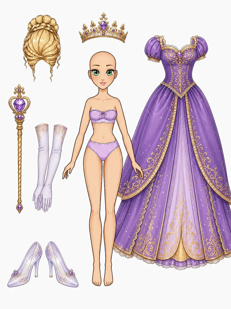 Amostra do kit Barbies: boneca com vestido lilás, coroa, luvas e sapatos